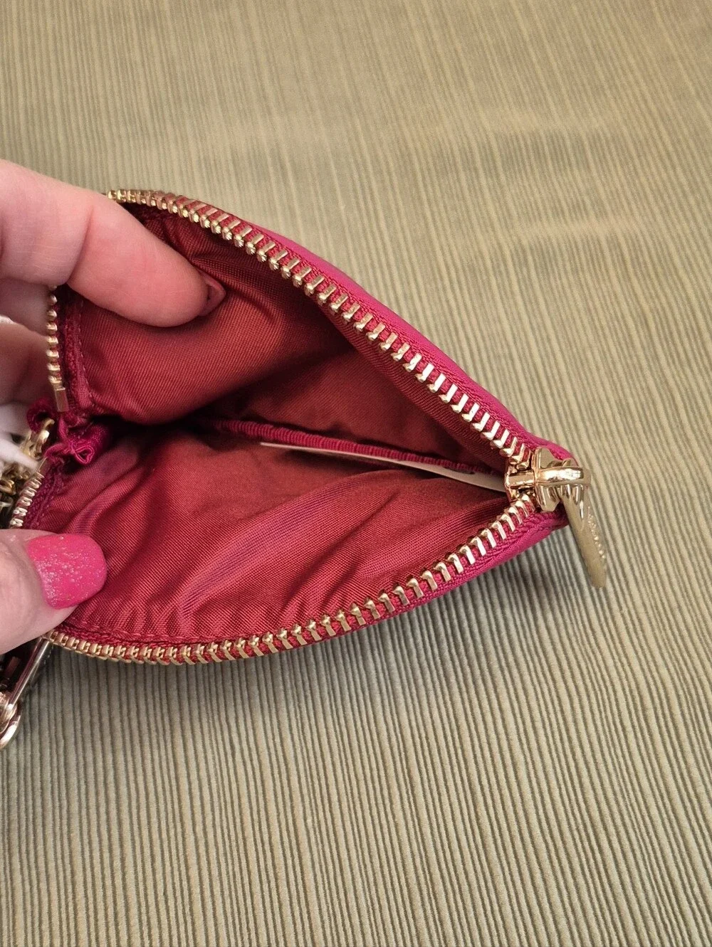 Lululemon Berry Rumble Pink Metallic Gold Wordmark Dual Pouch Wristlet Keychain - Picture 3 of 5